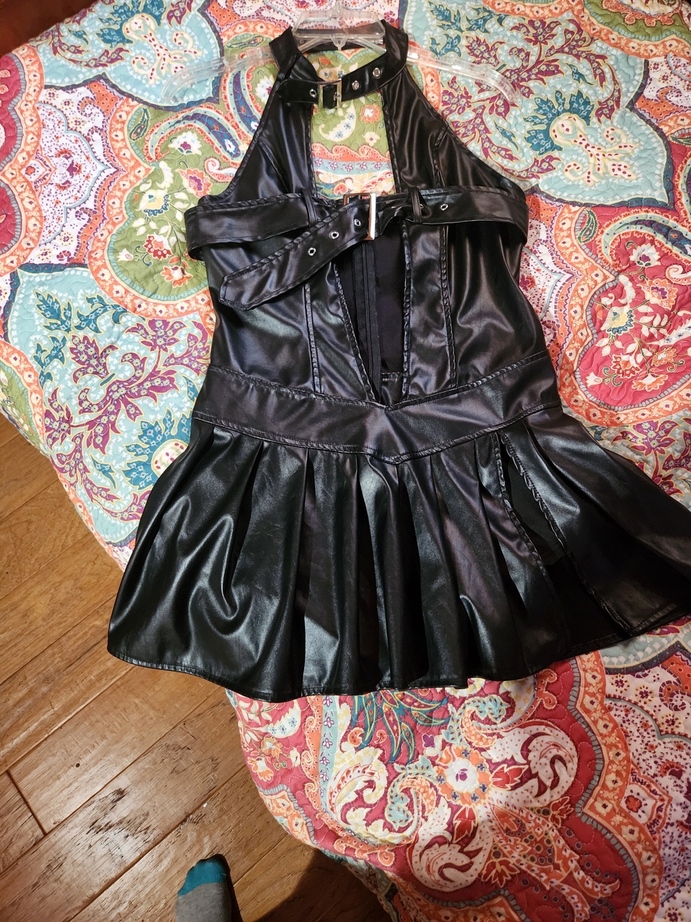 Nwot Black Faux Leather Mini Dress with Buckle Halter - Picture 4 of 9